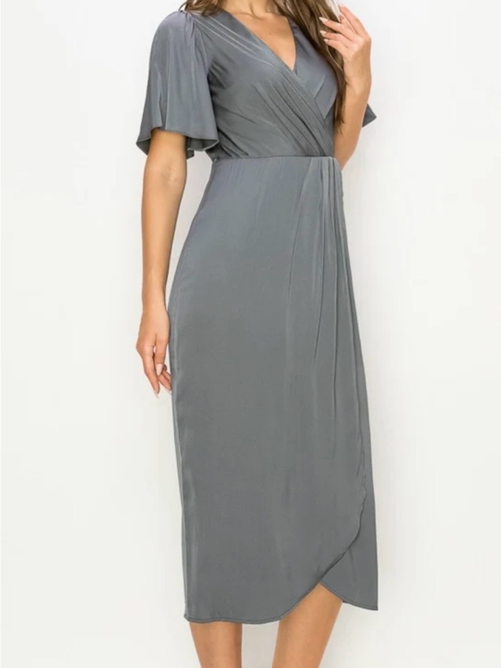 Aiblee- Elegant Grey shirred v-neck Midi Dress for Women